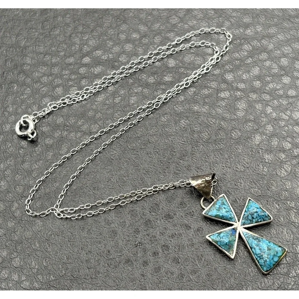 Vintage Sterling Silver Mexico Turquoise Inlay Cross Pendant 15